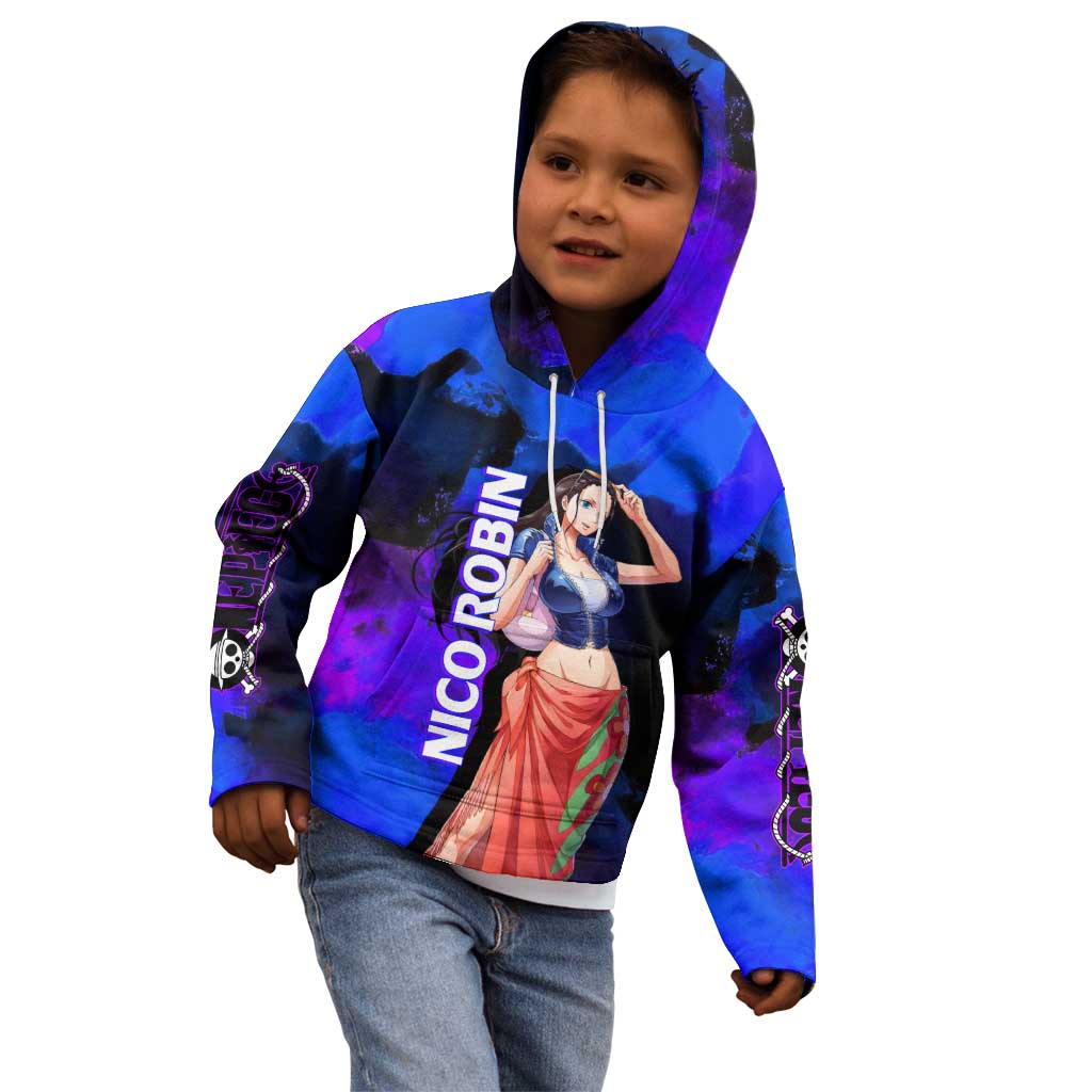 Nico Robin One Piece Purple and Blue Theme Kid Hoodie with Floral Cape and Archaeologist Pose Design - The Mazicc