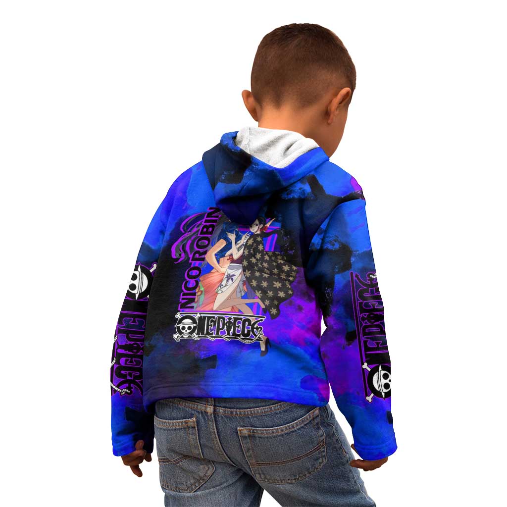 Nico Robin One Piece Purple and Blue Theme Kid Hoodie with Floral Cape and Archaeologist Pose Design - The Mazicc