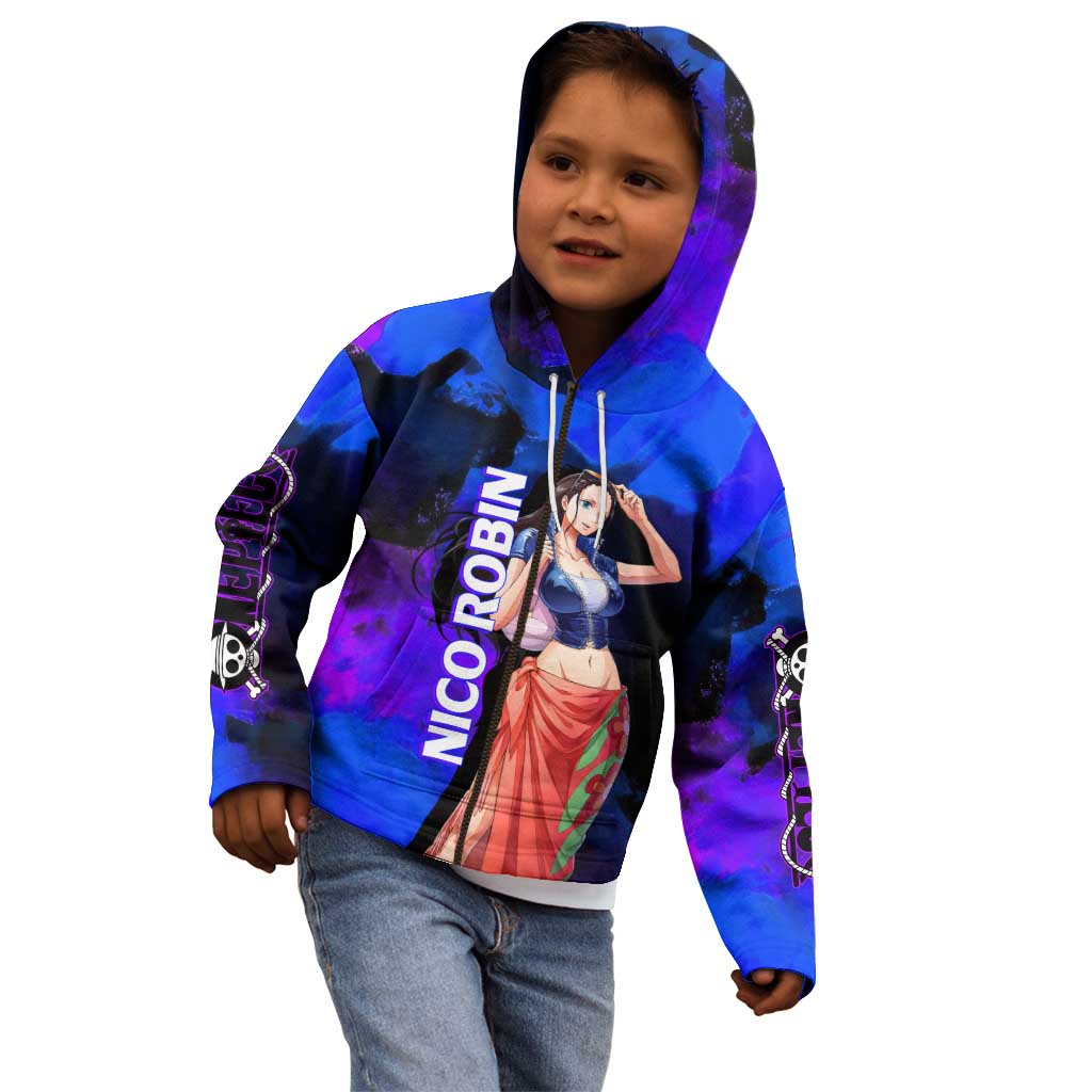 Nico Robin One Piece Purple and Blue Theme Kid Hoodie with Floral Cape and Archaeologist Pose Design - The Mazicc