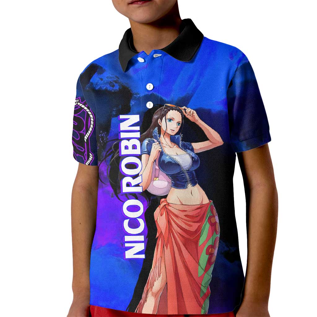 Nico Robin One Piece Purple and Blue Theme Kid Polo Shirt with Floral Cape and Archaeologist Pose Design - The Mazicc