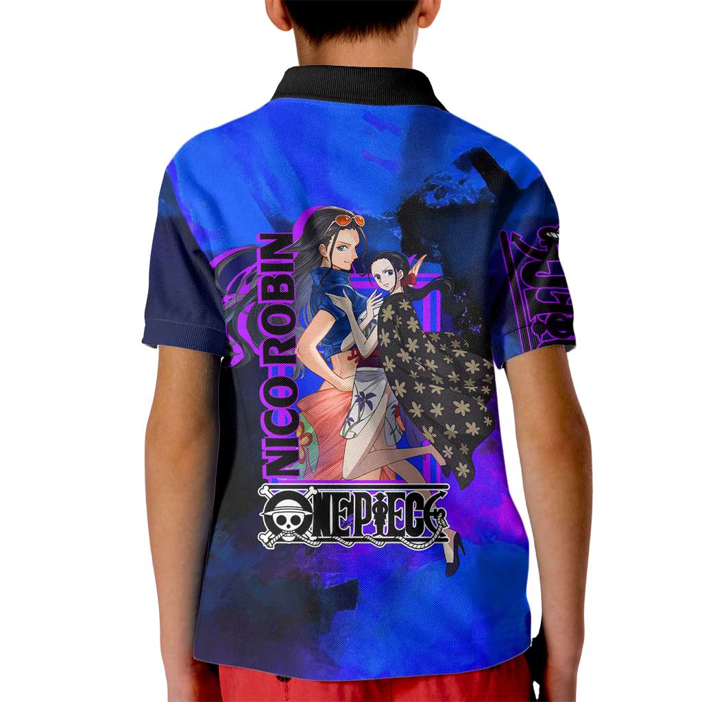 Nico Robin One Piece Purple and Blue Theme Kid Polo Shirt with Floral Cape and Archaeologist Pose Design - The Mazicc