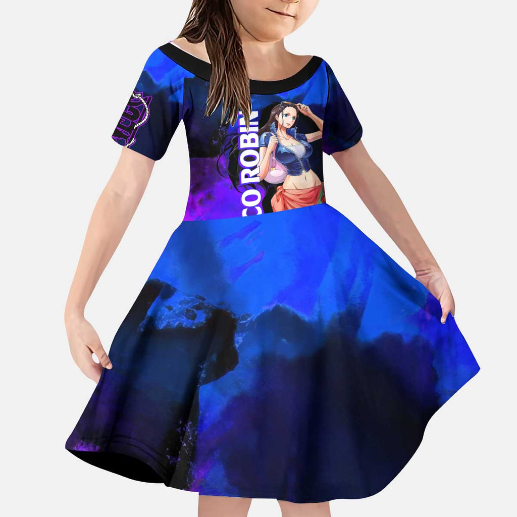 Nico Robin One Piece Purple and Blue Theme Kid Short Sleeve Dress with Floral Cape and Archaeologist Pose Design - The Mazicc