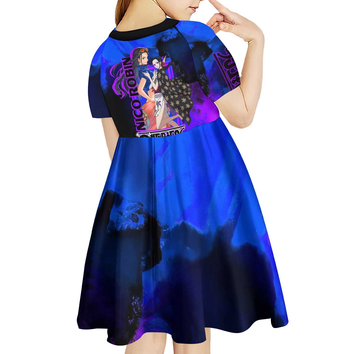Nico Robin One Piece Purple and Blue Theme Kid Short Sleeve Dress with Floral Cape and Archaeologist Pose Design - The Mazicc