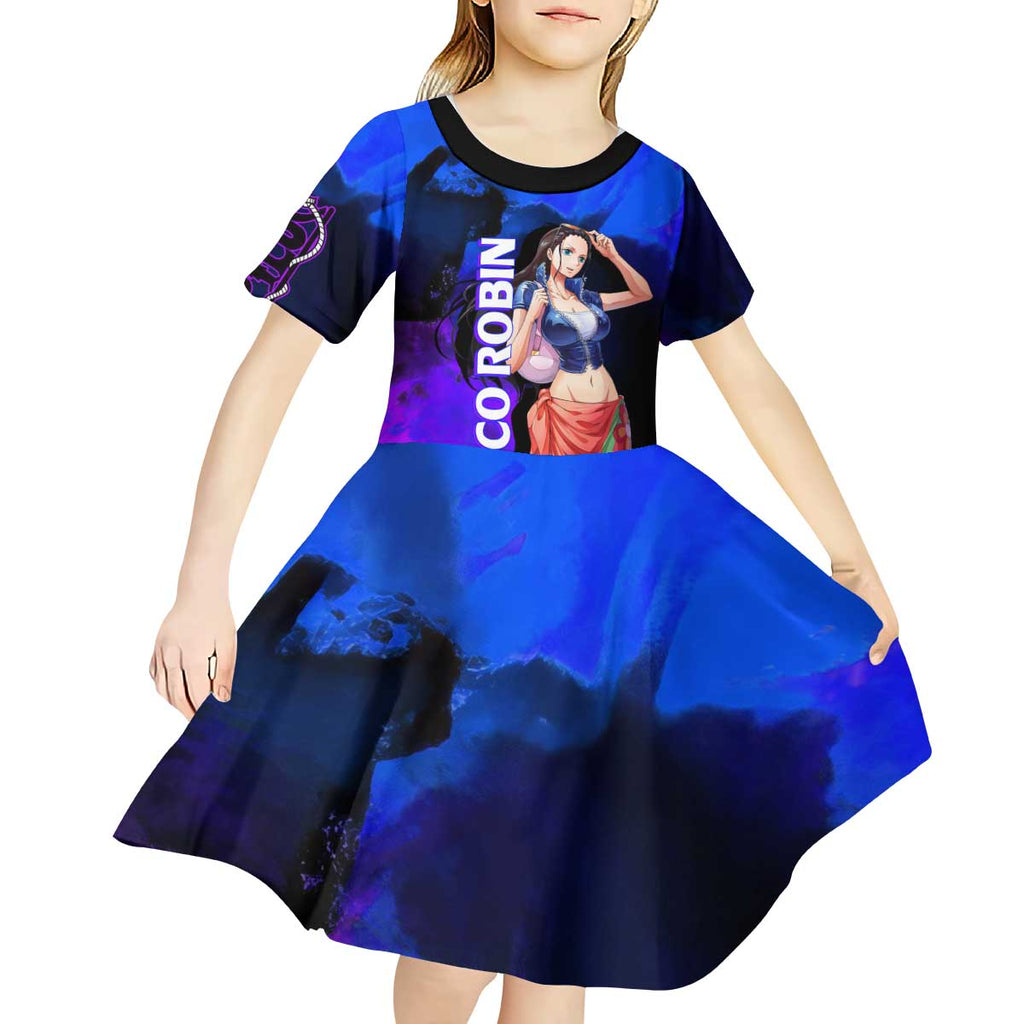 Nico Robin One Piece Purple and Blue Theme Kid Short Sleeve Dress with Floral Cape and Archaeologist Pose Design - The Mazicc