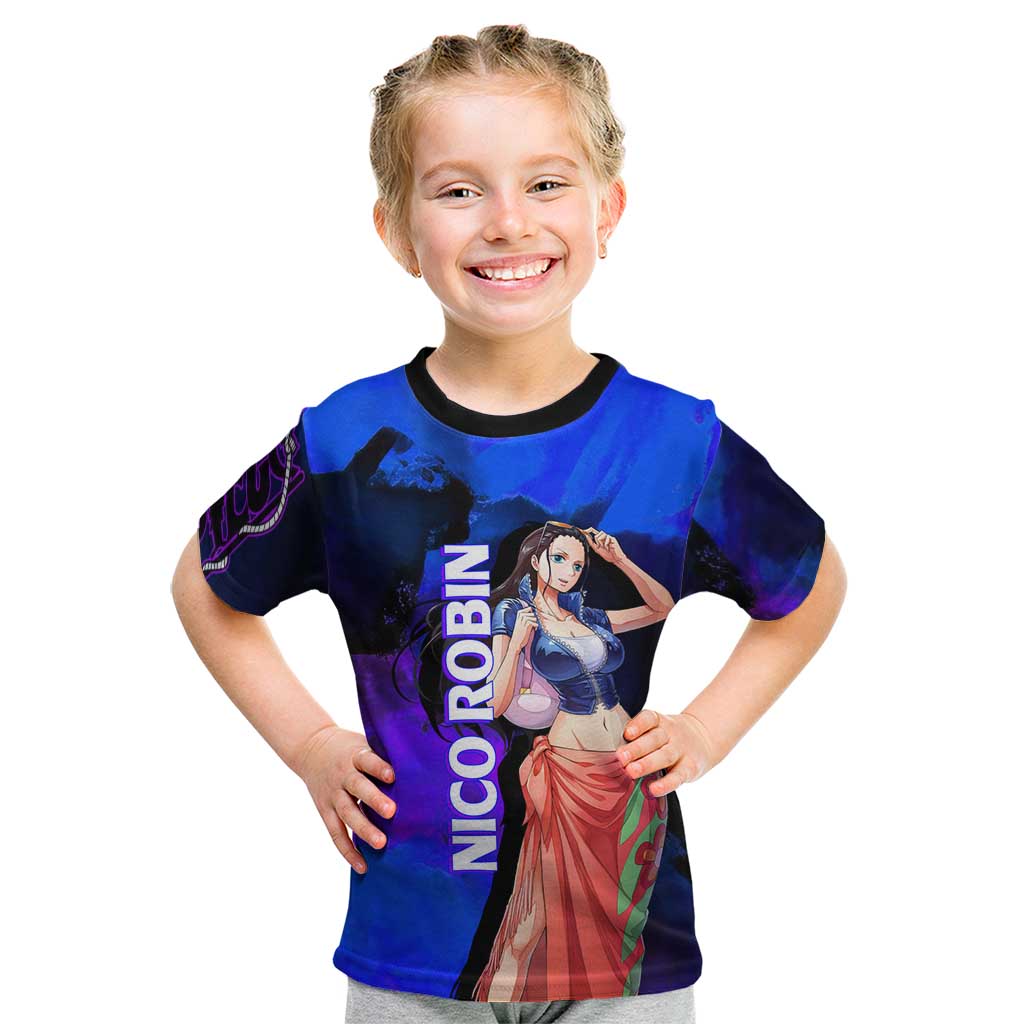 Nico Robin One Piece Purple and Blue Theme Kid T Shirt with Floral Cape and Archaeologist Pose Design - The Mazicc