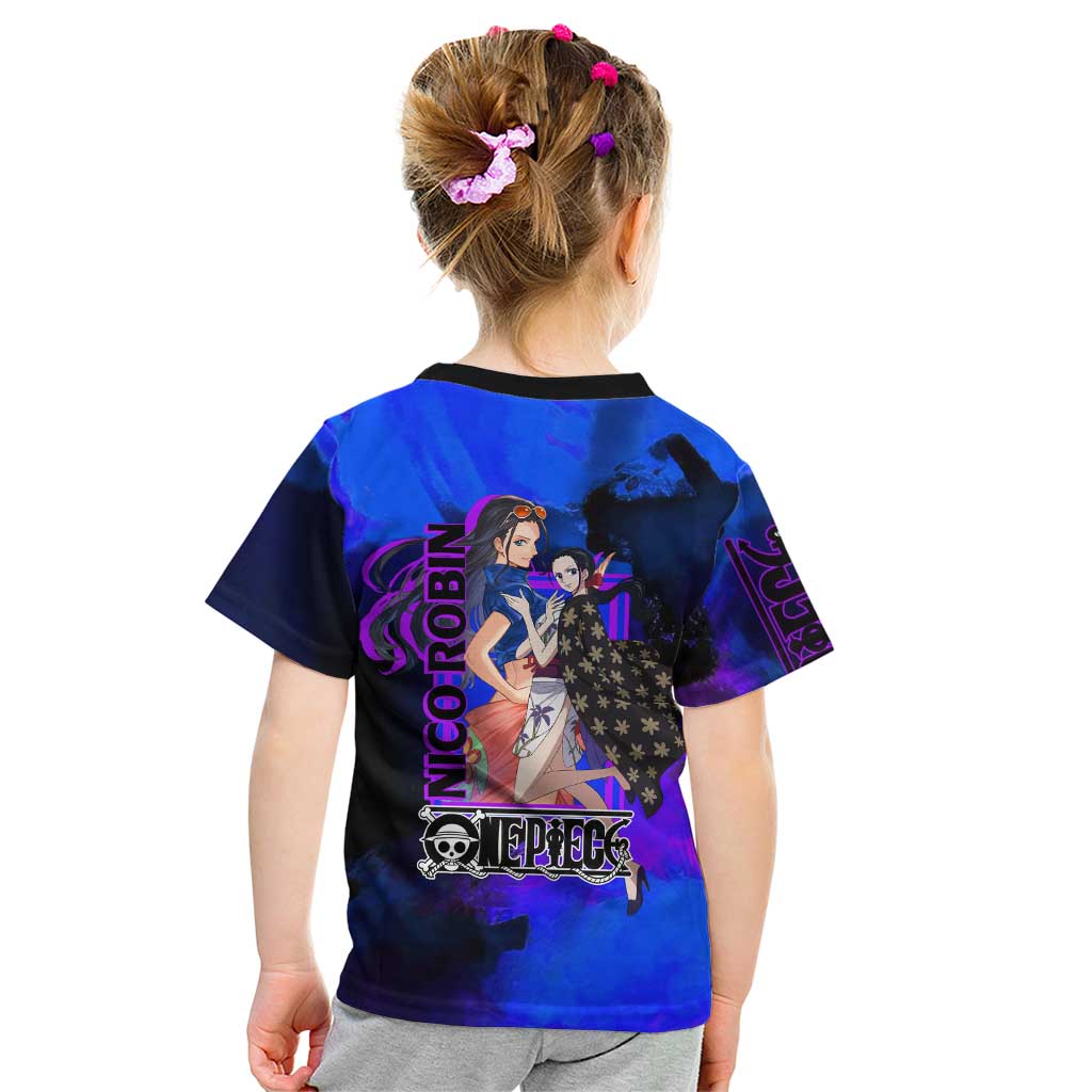 Nico Robin One Piece Purple and Blue Theme Kid T Shirt with Floral Cape and Archaeologist Pose Design - The Mazicc