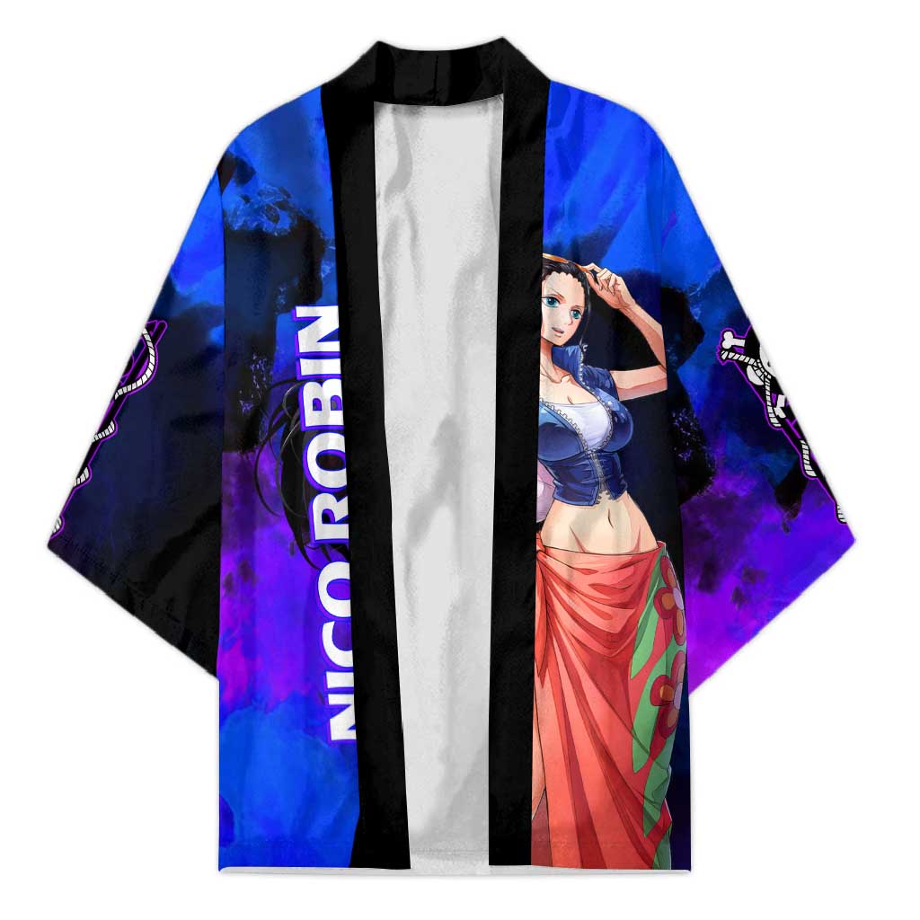 Nico Robin One Piece Purple and Blue Theme Kimono with Floral Cape and Archaeologist Pose Design - The Mazicc