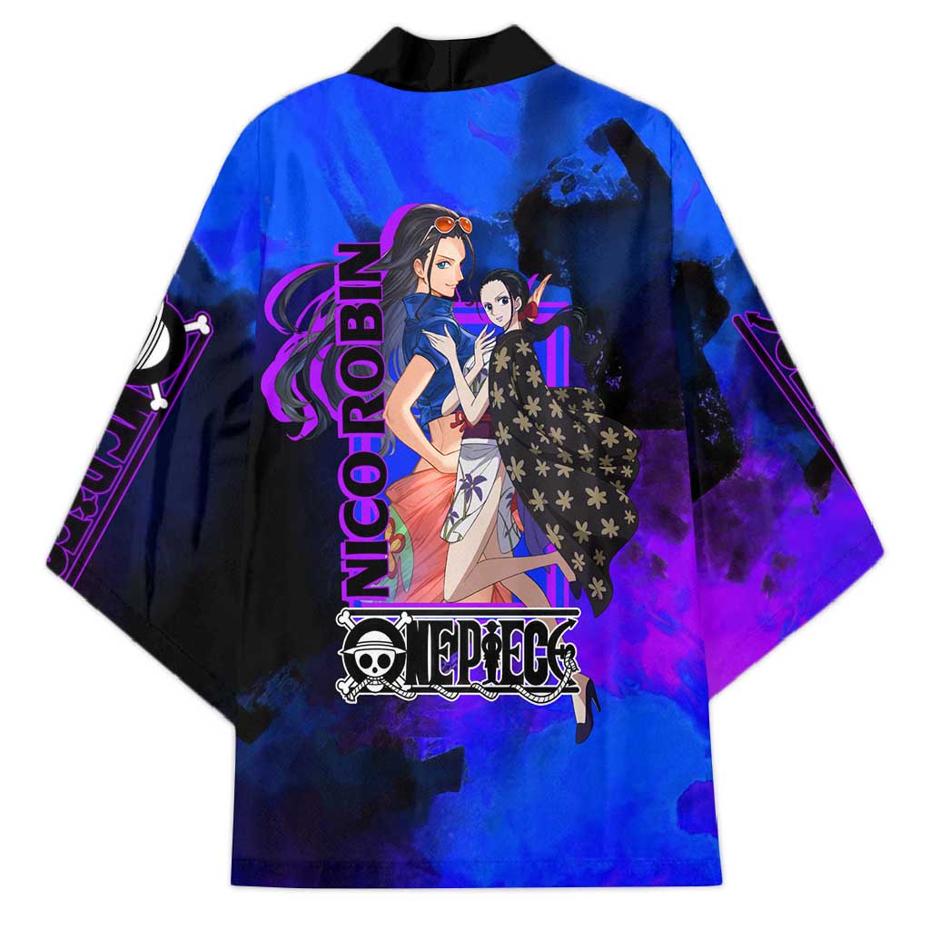 Nico Robin One Piece Purple and Blue Theme Kimono with Floral Cape and Archaeologist Pose Design - The Mazicc