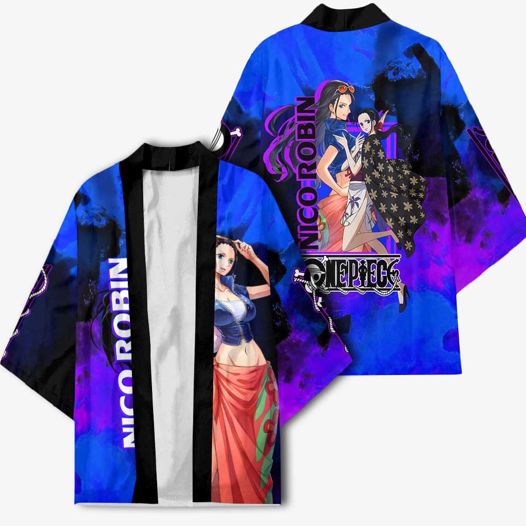 Nico Robin One Piece Purple and Blue Theme Kimono with Floral Cape and Archaeologist Pose Design - The Mazicc