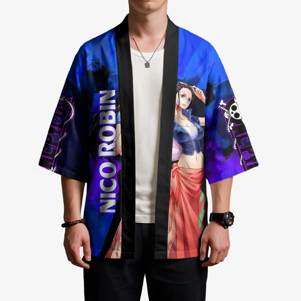 Nico Robin One Piece Purple and Blue Theme Kimono with Floral Cape and Archaeologist Pose Design - The Mazicc