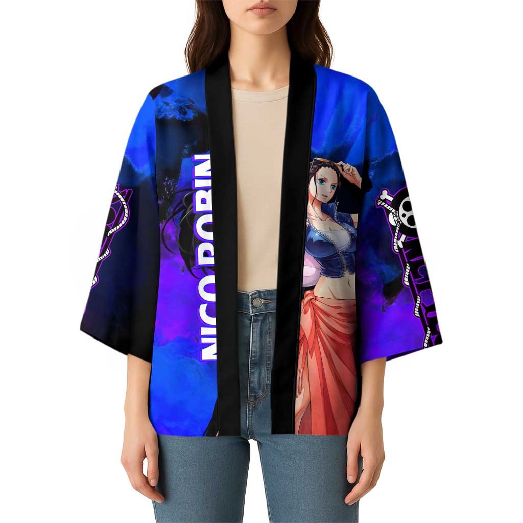 Nico Robin One Piece Purple and Blue Theme Kimono with Floral Cape and Archaeologist Pose Design - The Mazicc