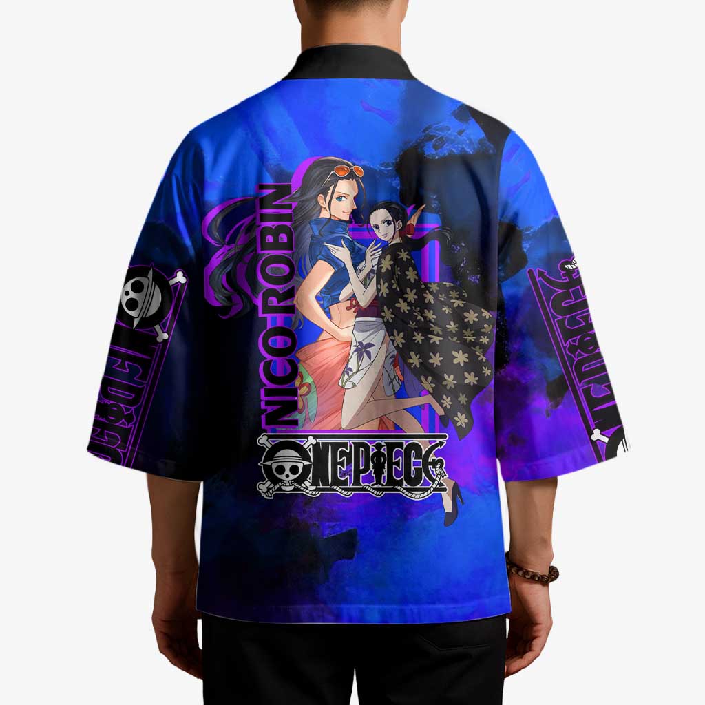 Nico Robin One Piece Purple and Blue Theme Kimono with Floral Cape and Archaeologist Pose Design - The Mazicc