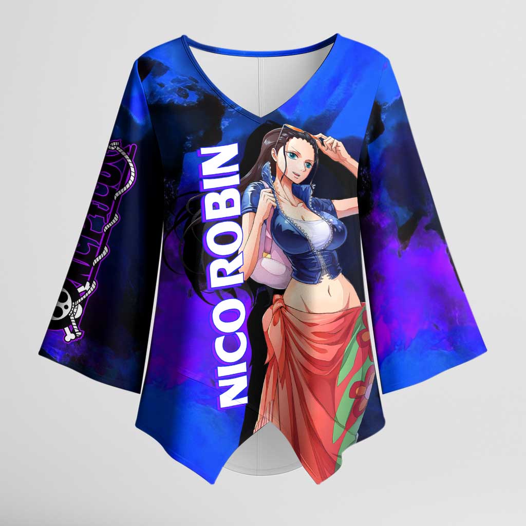 Nico Robin One Piece Purple and Blue Theme Kimono Sleeve Blouse with Floral Cape and Archaeologist Pose Design - The Mazicc