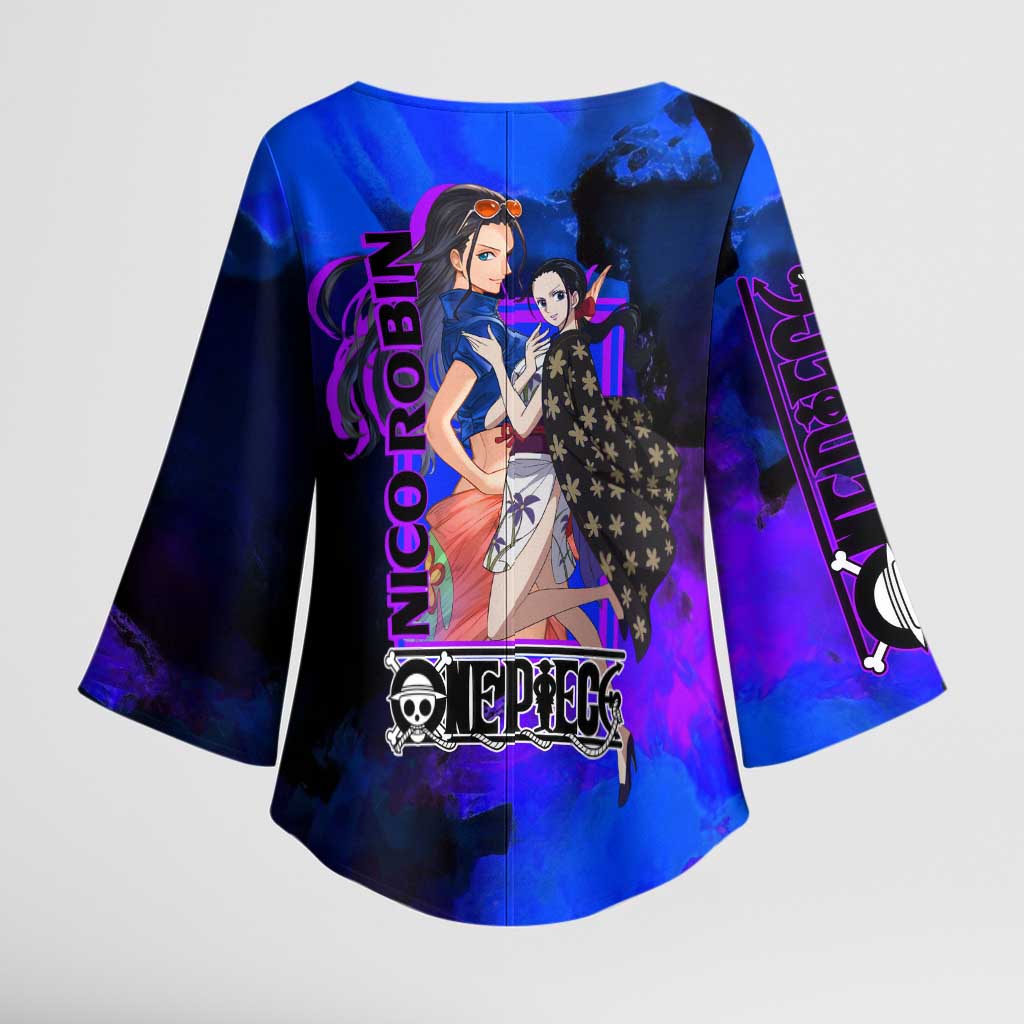 Nico Robin One Piece Purple and Blue Theme Kimono Sleeve Blouse with Floral Cape and Archaeologist Pose Design - The Mazicc