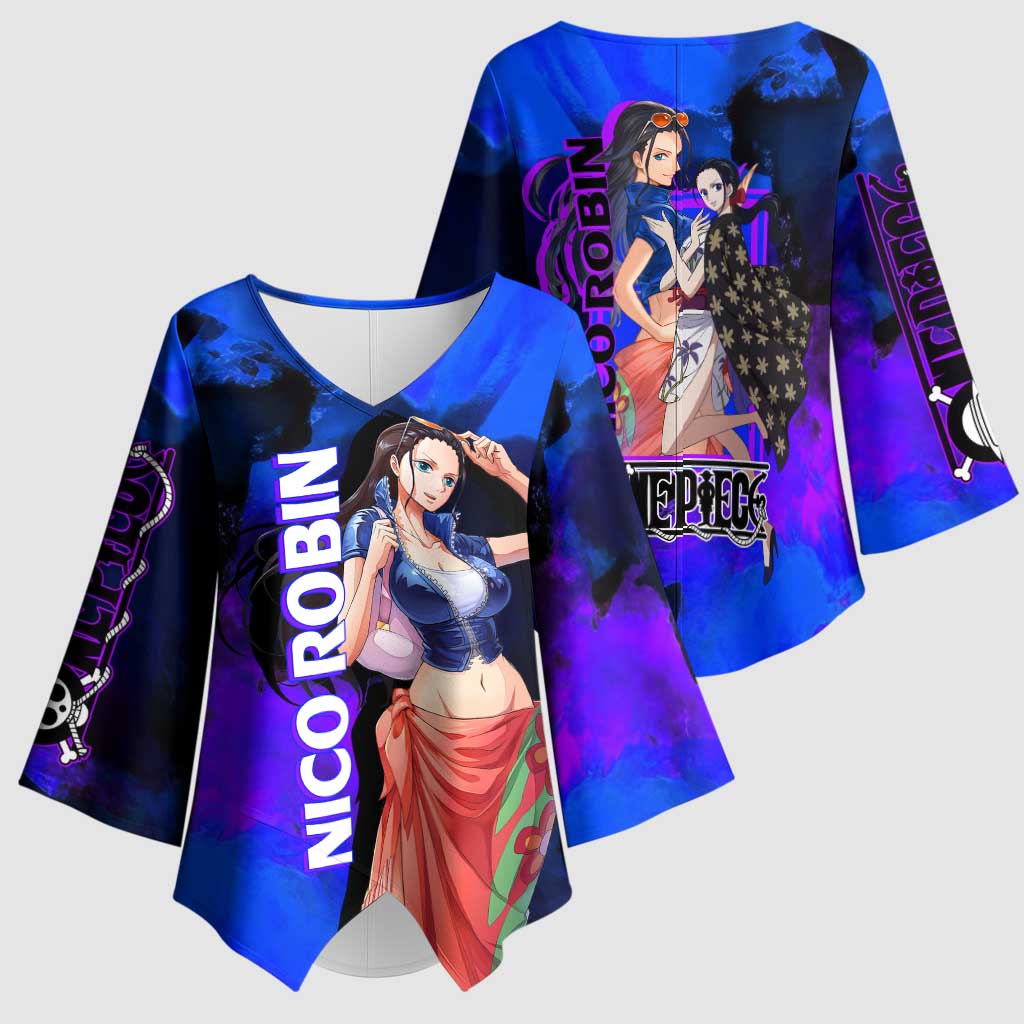 Nico Robin One Piece Purple and Blue Theme Kimono Sleeve Blouse with Floral Cape and Archaeologist Pose Design - The Mazicc