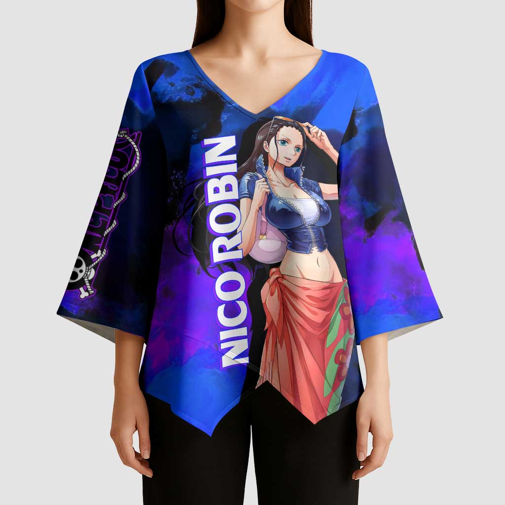 Nico Robin One Piece Purple and Blue Theme Kimono Sleeve Blouse with Floral Cape and Archaeologist Pose Design - The Mazicc