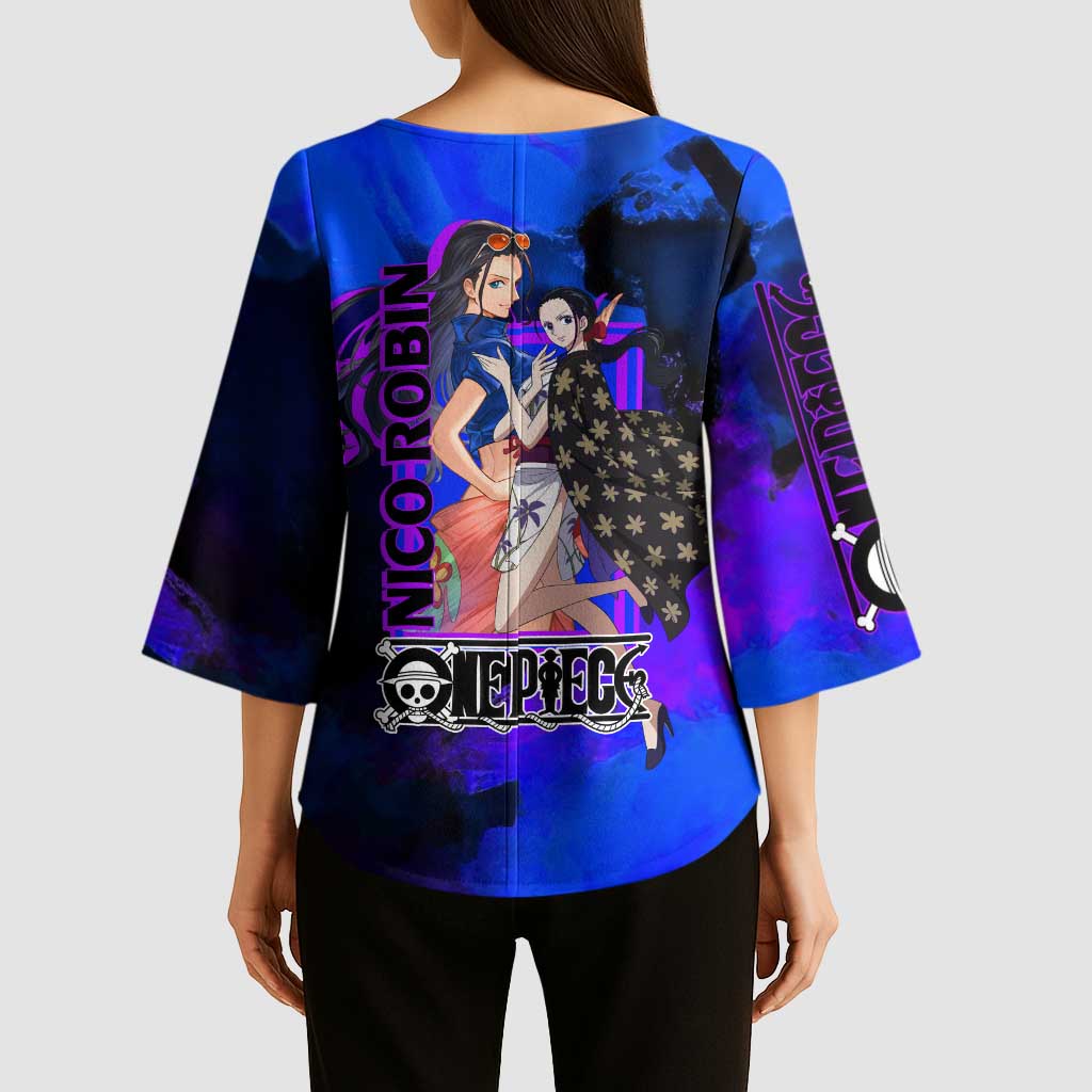 Nico Robin One Piece Purple and Blue Theme Kimono Sleeve Blouse with Floral Cape and Archaeologist Pose Design - The Mazicc