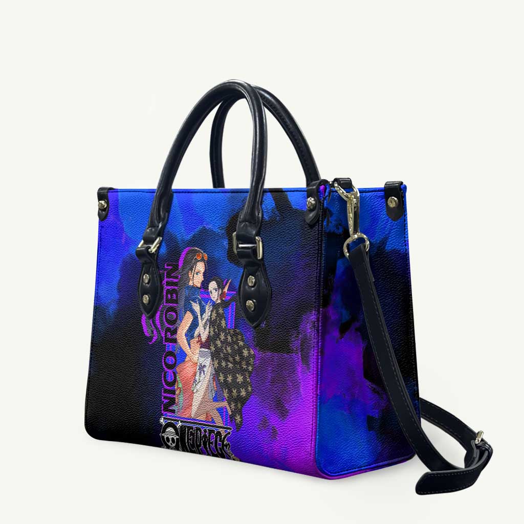 Nico Robin One Piece Purple and Blue Theme Leather Bag with Floral Cape and Archaeologist Pose Design - The Mazicc