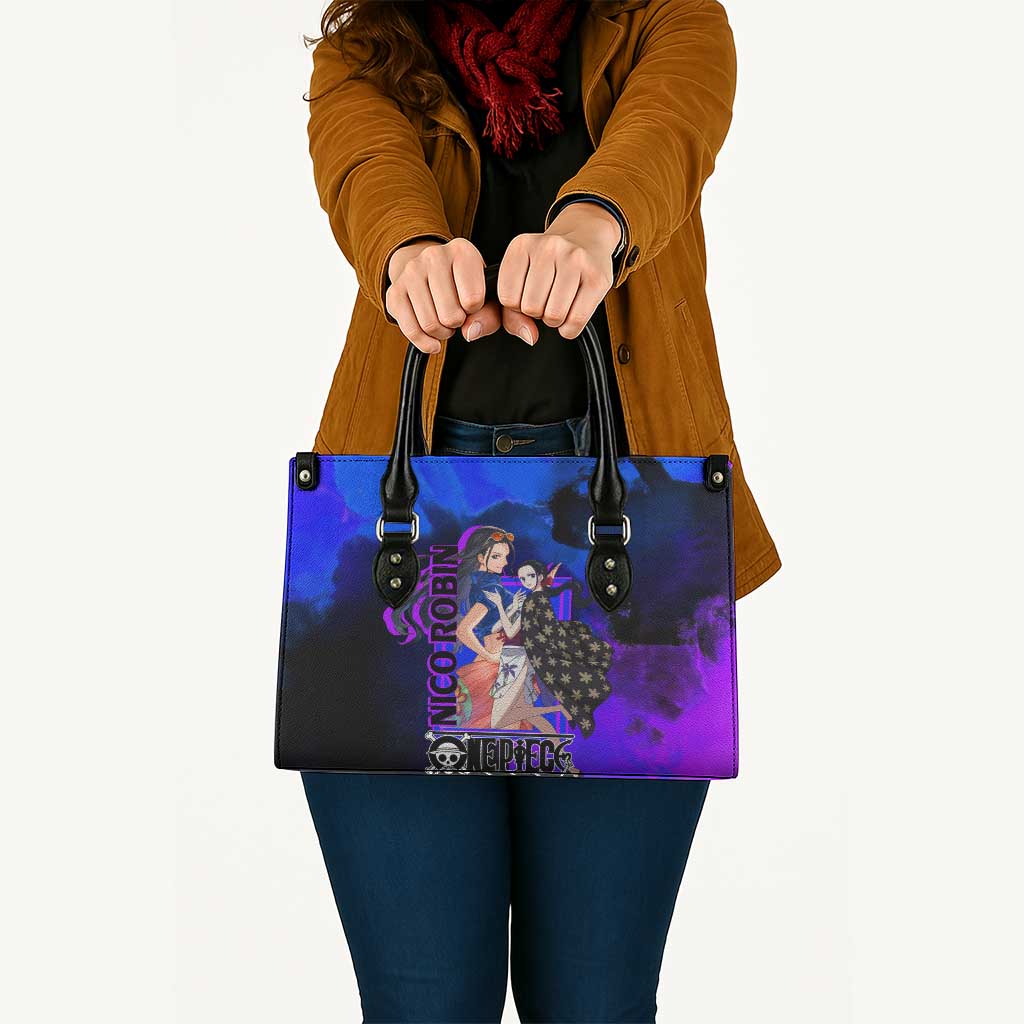 Nico Robin One Piece Purple and Blue Theme Leather Bag with Floral Cape and Archaeologist Pose Design - The Mazicc