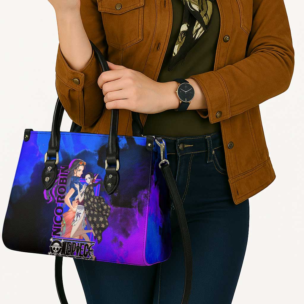 Nico Robin One Piece Purple and Blue Theme Leather Bag with Floral Cape and Archaeologist Pose Design - The Mazicc