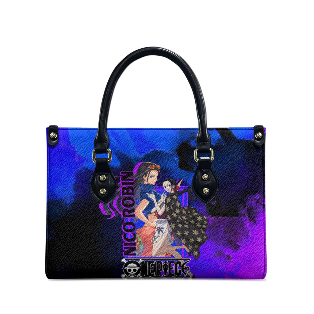 Nico Robin One Piece Purple and Blue Theme Leather Bag with Floral Cape and Archaeologist Pose Design - The Mazicc