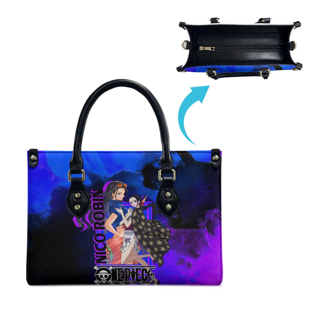 Nico Robin One Piece Purple and Blue Theme Leather Bag with Floral Cape and Archaeologist Pose Design - The Mazicc