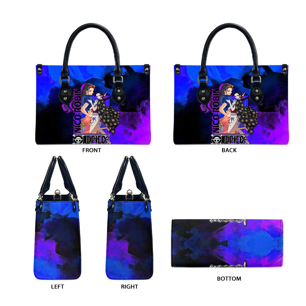 Nico Robin One Piece Purple and Blue Theme Leather Bag with Floral Cape and Archaeologist Pose Design - The Mazicc