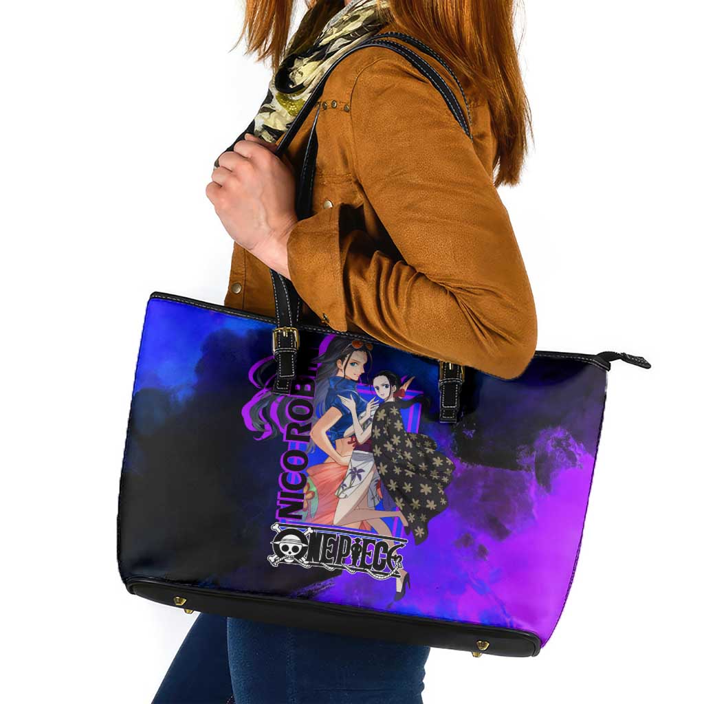 Nico Robin One Piece Purple and Blue Theme Leather Tote Bag with Floral Cape and Archaeologist Pose Design - The Mazicc