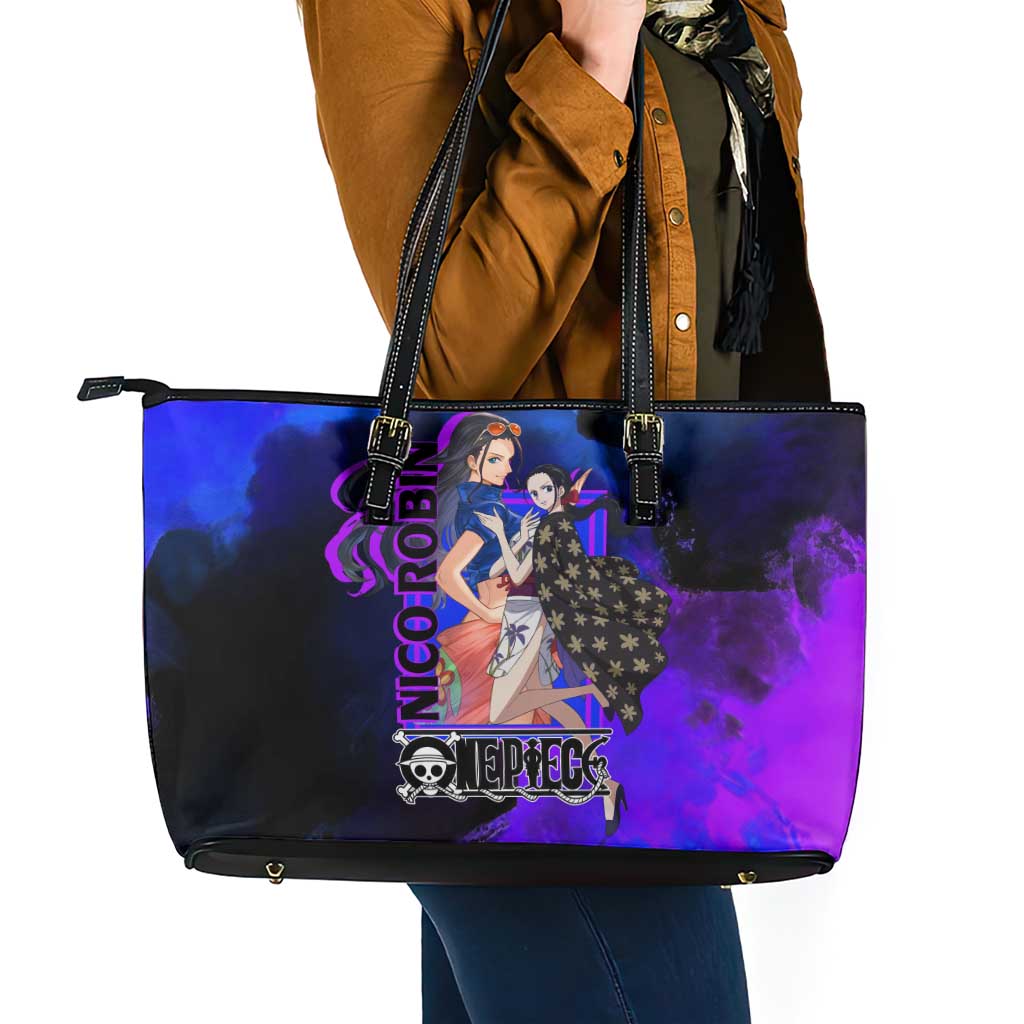 Nico Robin One Piece Purple and Blue Theme Leather Tote Bag with Floral Cape and Archaeologist Pose Design - The Mazicc