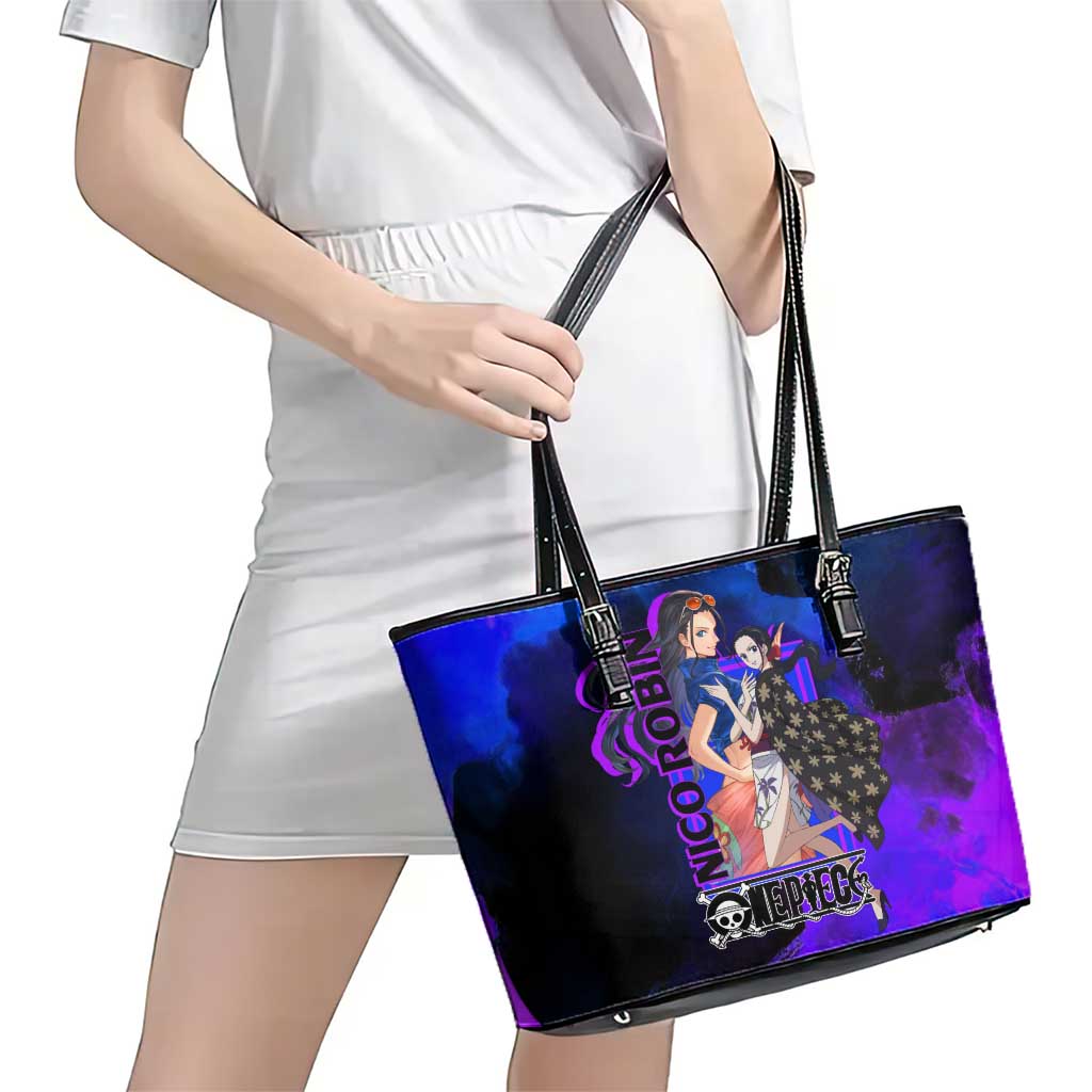 Nico Robin One Piece Purple and Blue Theme Leather Tote Bag with Floral Cape and Archaeologist Pose Design - The Mazicc