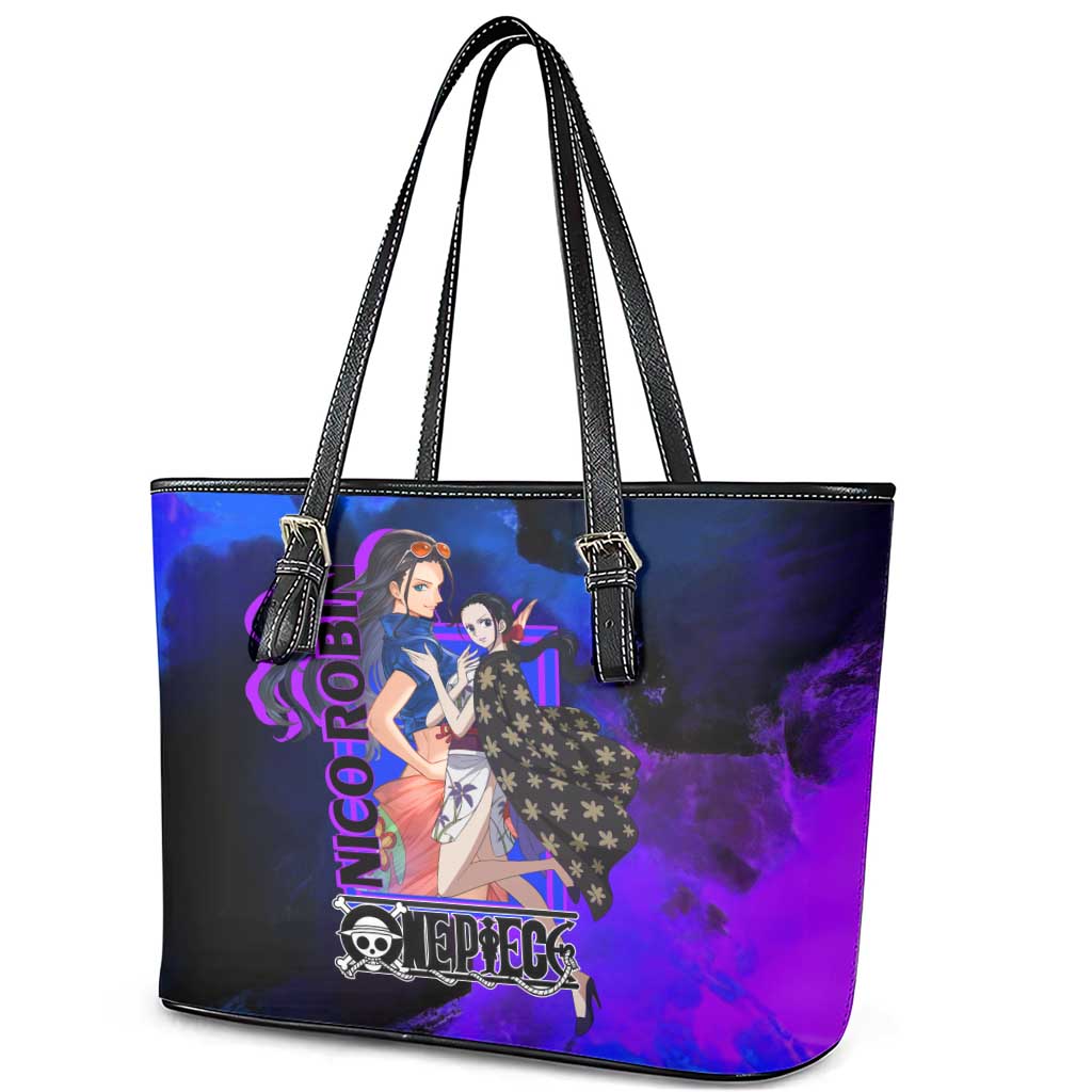 Nico Robin One Piece Purple and Blue Theme Leather Tote Bag with Floral Cape and Archaeologist Pose Design - The Mazicc