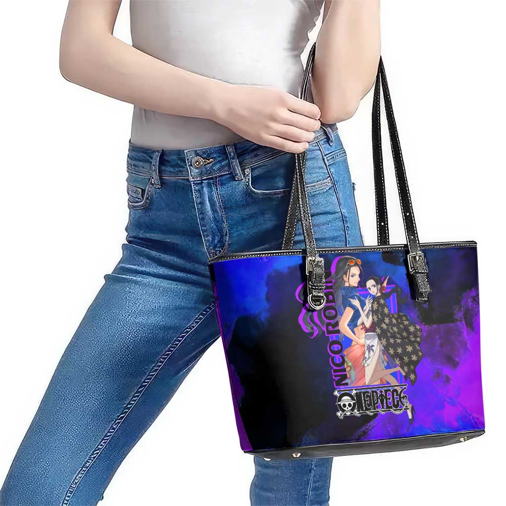 Nico Robin One Piece Purple and Blue Theme Leather Tote Bag with Floral Cape and Archaeologist Pose Design - The Mazicc