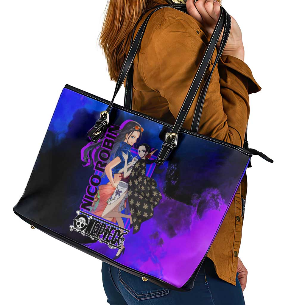 Nico Robin One Piece Purple and Blue Theme Leather Tote Bag with Floral Cape and Archaeologist Pose Design - The Mazicc