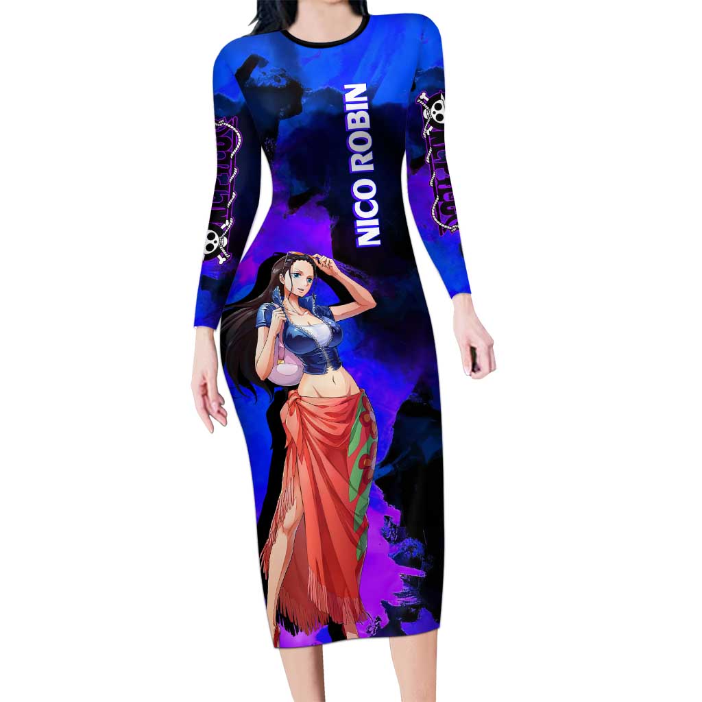 Nico Robin One Piece Purple and Blue Theme Long Sleeve Bodycon Dress with Floral Cape and Archaeologist Pose Design - The Mazicc