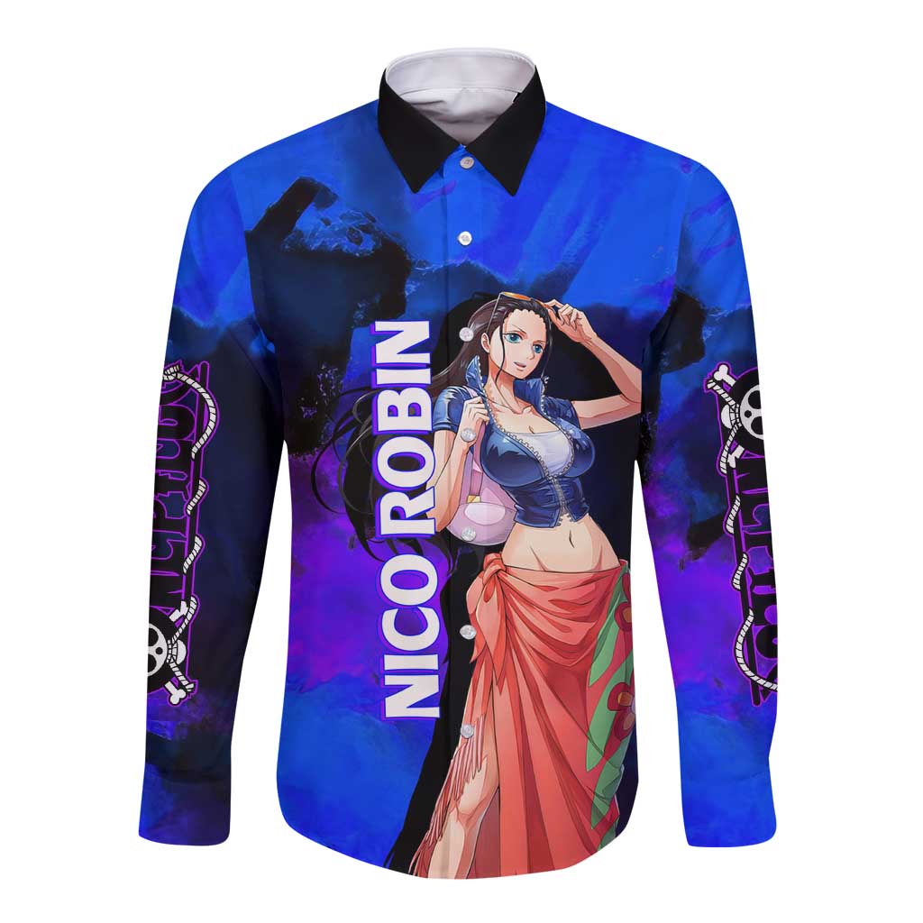 Nico Robin One Piece Purple and Blue Theme Long Sleeve Button Shirt with Floral Cape and Archaeologist Pose Design - The Mazicc