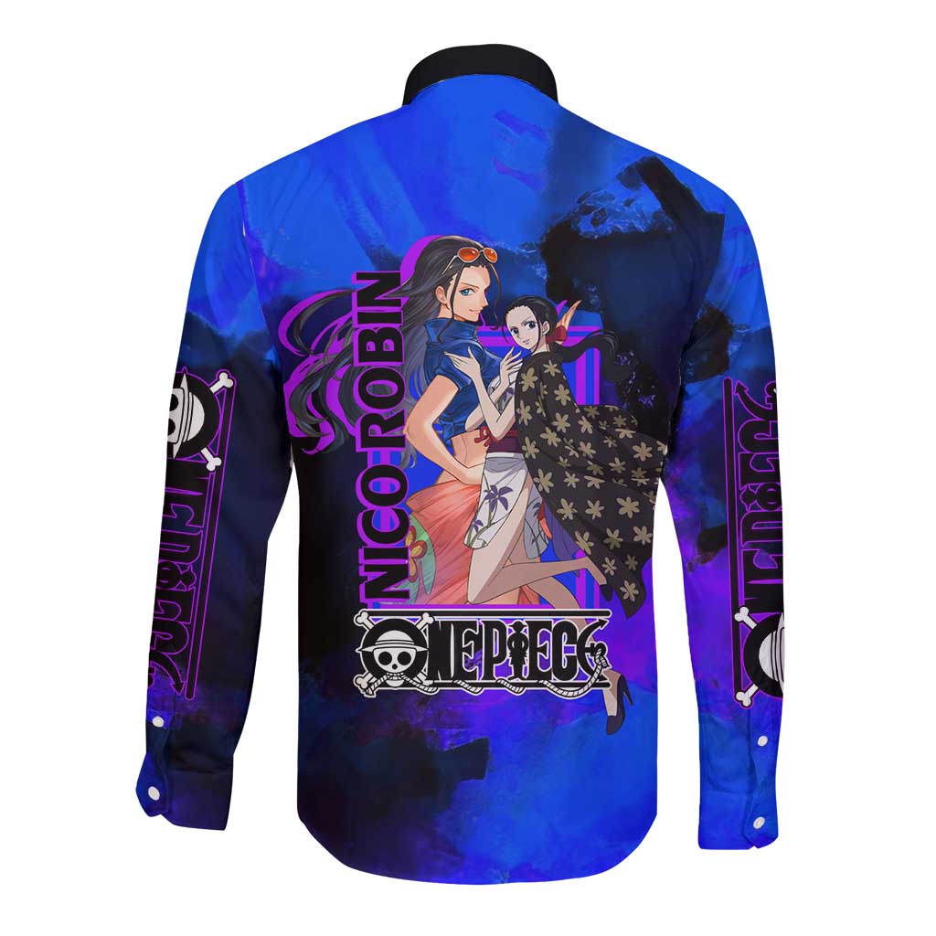 Nico Robin One Piece Purple and Blue Theme Long Sleeve Button Shirt with Floral Cape and Archaeologist Pose Design - The Mazicc
