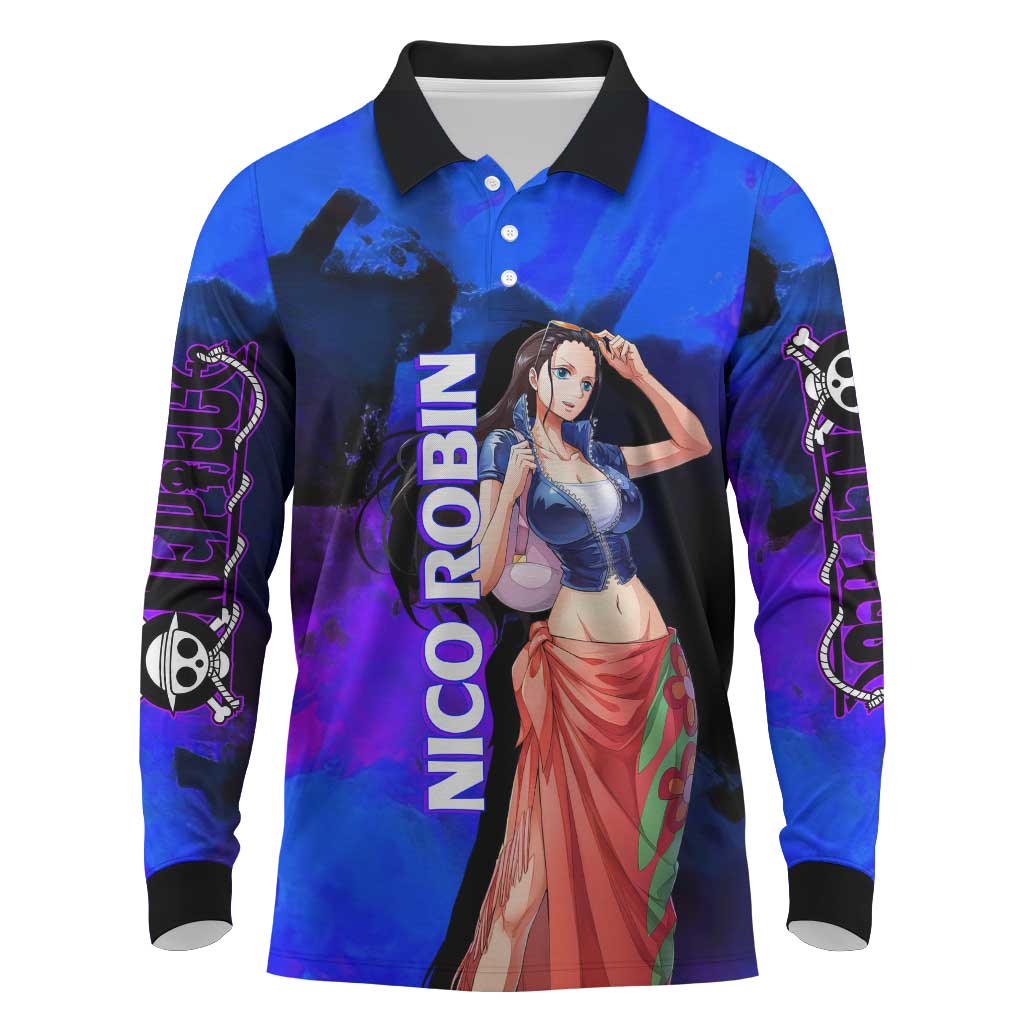 Nico Robin One Piece Purple and Blue Theme Long Sleeve Polo Shirt with Floral Cape and Archaeologist Pose Design - The Mazicc