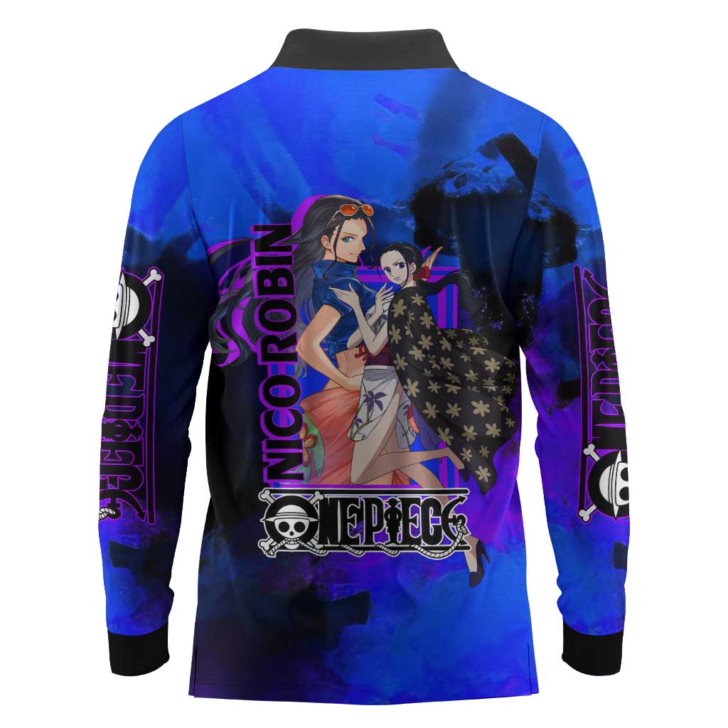 Nico Robin One Piece Purple and Blue Theme Long Sleeve Polo Shirt with Floral Cape and Archaeologist Pose Design - The Mazicc