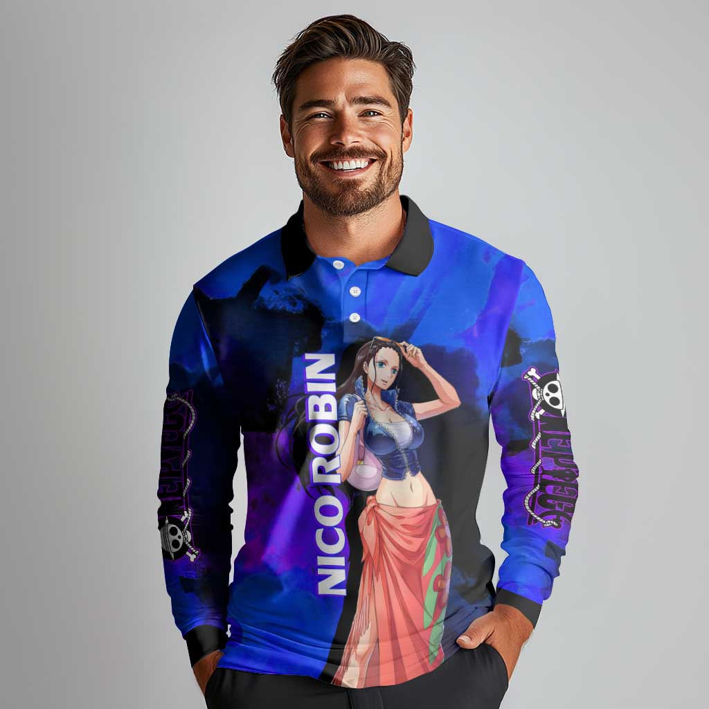 Nico Robin One Piece Purple and Blue Theme Long Sleeve Polo Shirt with Floral Cape and Archaeologist Pose Design - The Mazicc