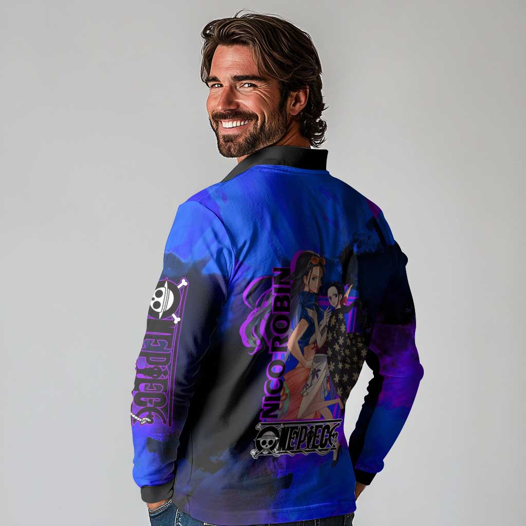 Nico Robin One Piece Purple and Blue Theme Long Sleeve Polo Shirt with Floral Cape and Archaeologist Pose Design - The Mazicc