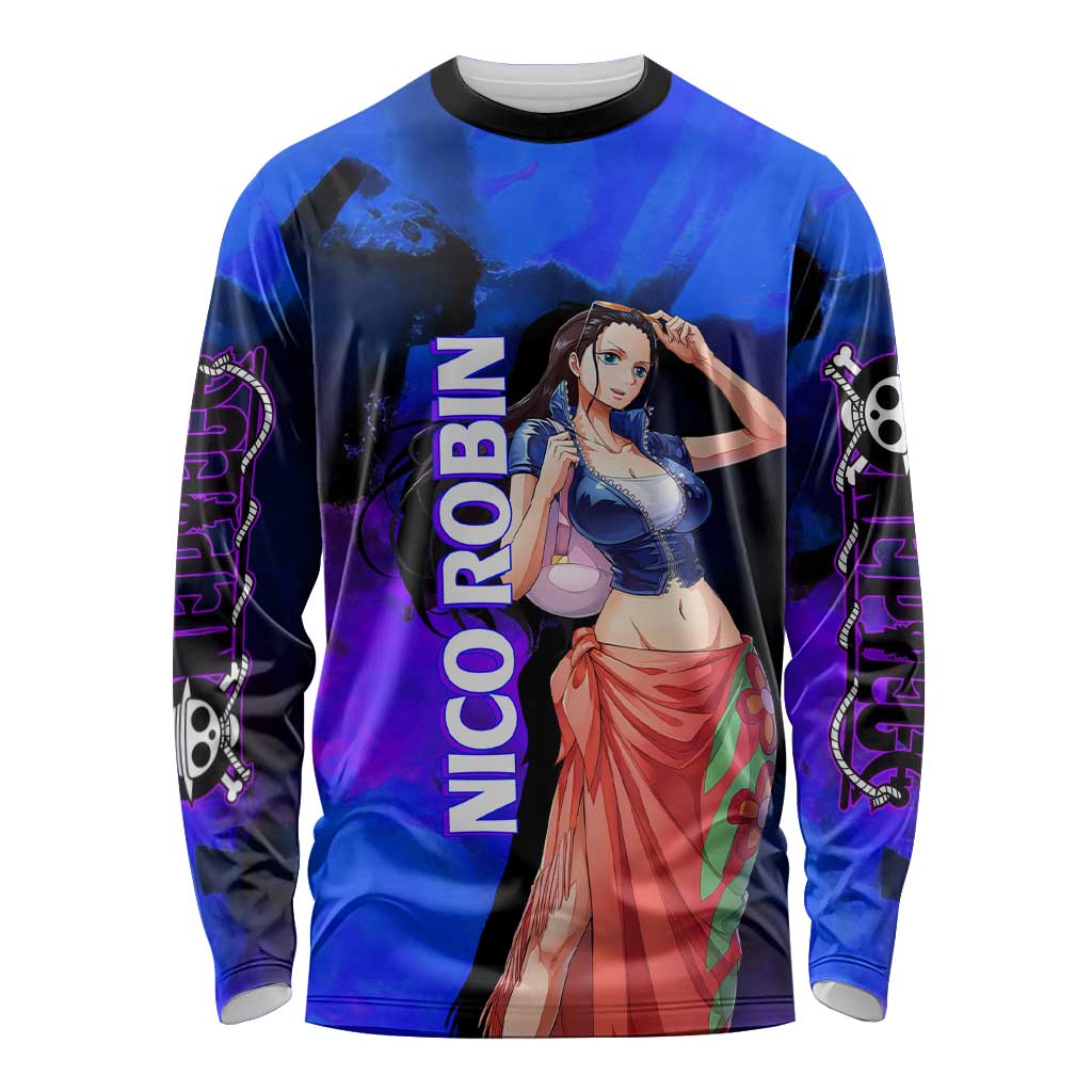 Nico Robin One Piece Purple and Blue Theme Long Sleeve Shirt with Floral Cape and Archaeologist Pose Design - The Mazicc