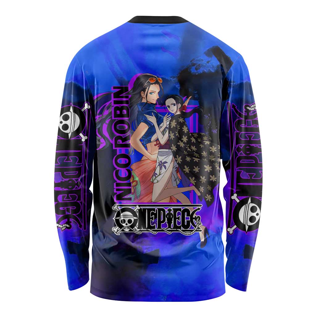 Nico Robin One Piece Purple and Blue Theme Long Sleeve Shirt with Floral Cape and Archaeologist Pose Design - The Mazicc