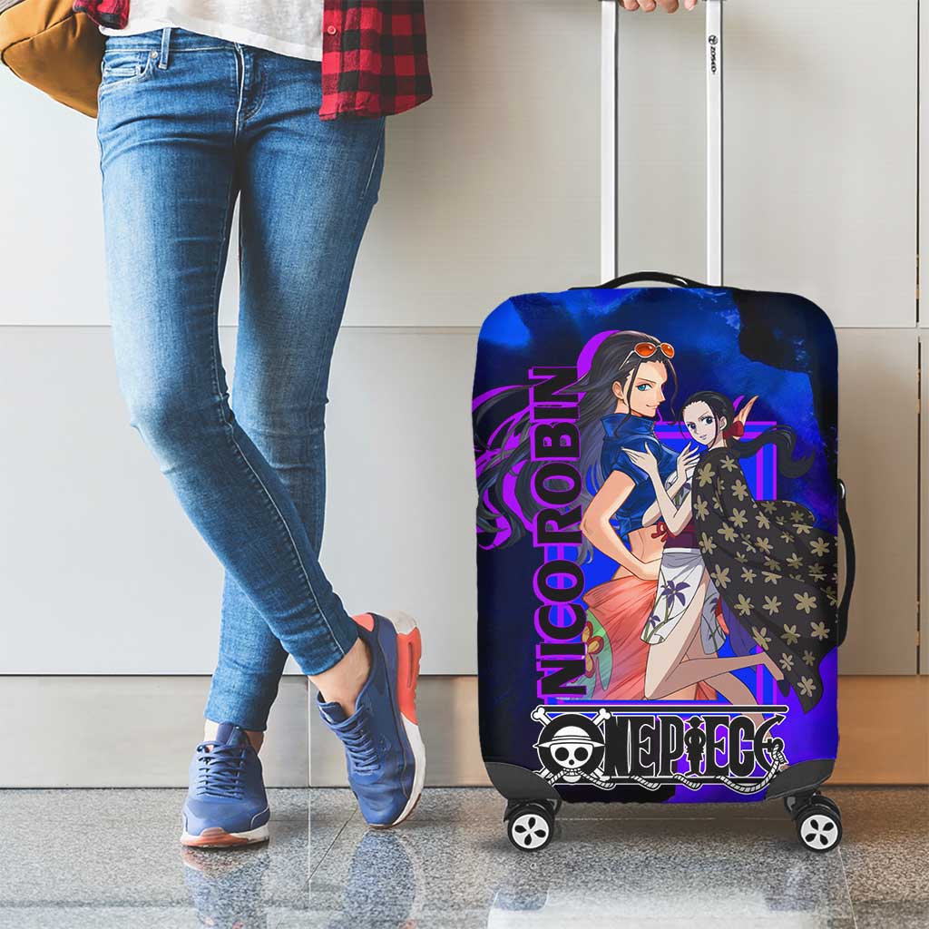 Nico Robin One Piece Purple and Blue Theme Luggage Cover with Floral Cape and Archaeologist Pose Design - The Mazicc