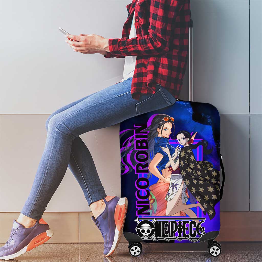 Nico Robin One Piece Purple and Blue Theme Luggage Cover with Floral Cape and Archaeologist Pose Design - The Mazicc