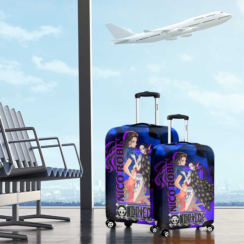Nico Robin One Piece Purple and Blue Theme Luggage Cover with Floral Cape and Archaeologist Pose Design - The Mazicc