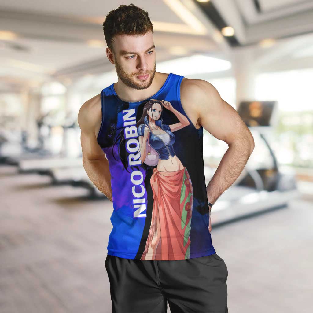 Nico Robin One Piece Purple and Blue Theme Men Tank Top with Floral Cape and Archaeologist Pose Design - The Mazicc
