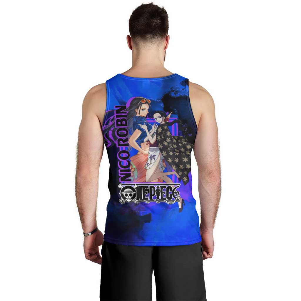 Nico Robin One Piece Purple and Blue Theme Men Tank Top with Floral Cape and Archaeologist Pose Design - The Mazicc