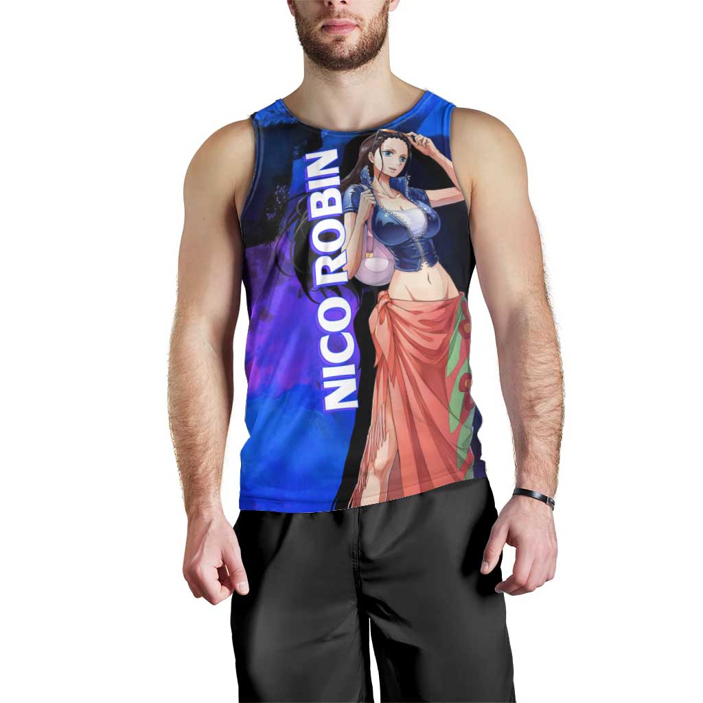 Nico Robin One Piece Purple and Blue Theme Men Tank Top with Floral Cape and Archaeologist Pose Design - The Mazicc