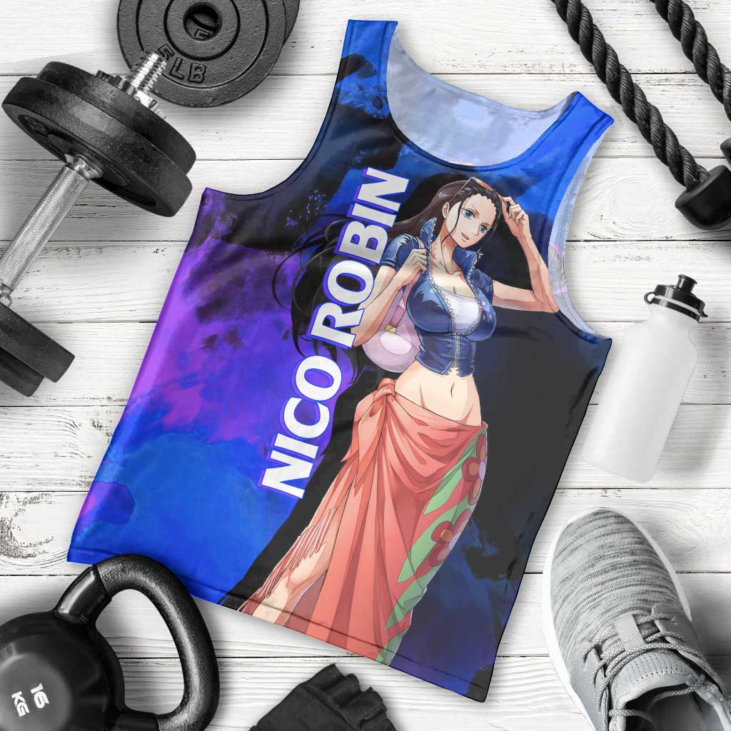 Nico Robin One Piece Purple and Blue Theme Men Tank Top with Floral Cape and Archaeologist Pose Design - The Mazicc