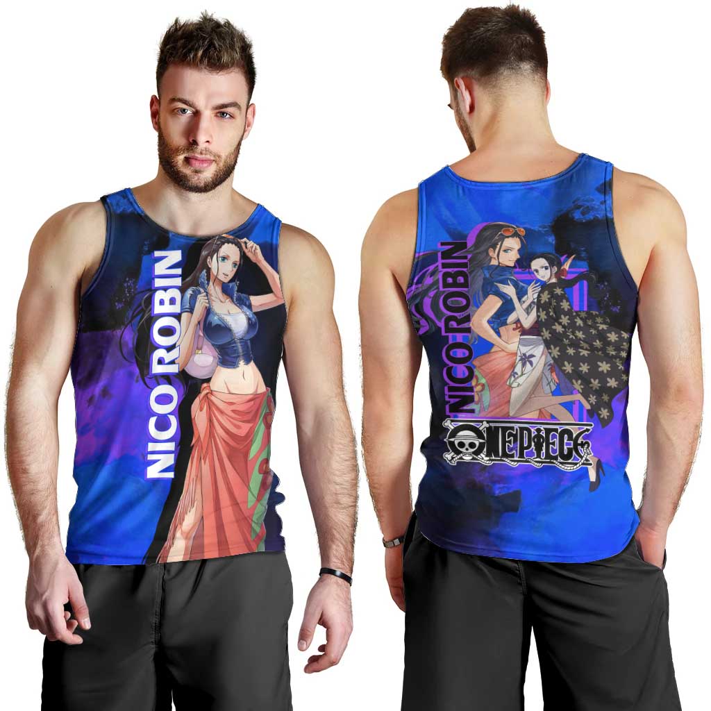 Nico Robin One Piece Purple and Blue Theme Men Tank Top with Floral Cape and Archaeologist Pose Design - The Mazicc